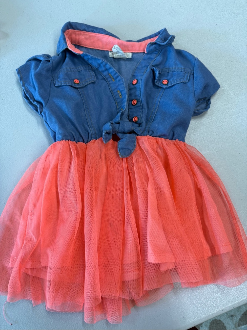 One Step Ahead Blue Denim-Look Top with Coral Tulle Skirt Girls Dress